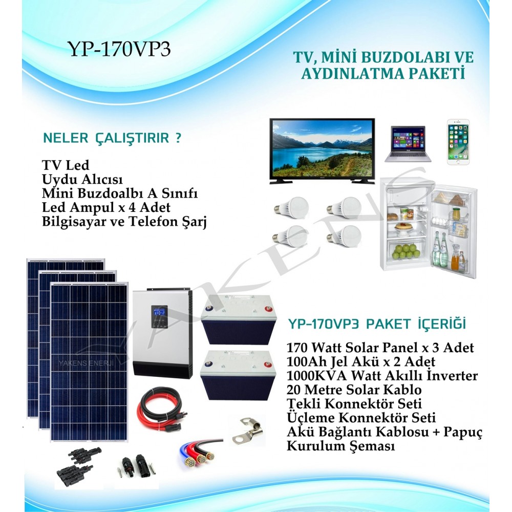 Orta Buzdolabı + Tv + Aydınlatma Hazır Solar Paket YP-170VP4  Paket 3 